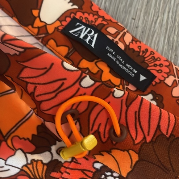 Zara Women's High Rise Orange & White Floral Retro Hippie Flare Pants Size L - Picture 7 of 11